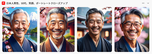 4枚とも背景はやはり桜や富士山を思わせるもので、人物はリアル風な3Dで生成されている。