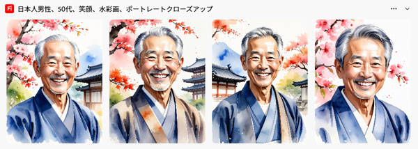 4回目の生成画像
4枚とも水彩画風になっており、桜と京都を思わせるような背景。人物は和服のようなものを着ている