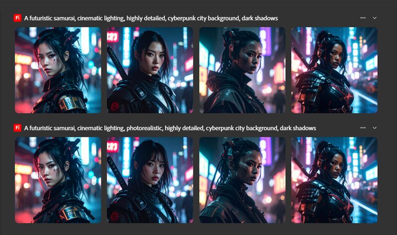 Fireflyによる「未来的な侍」生成画像