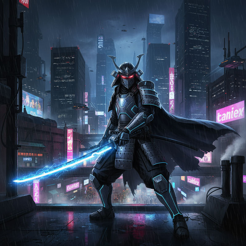 Fireflyでモデルを「Gemini 2.5(Nano Banana)」にしてフォトリアリスティックを追加した「未来的な侍」