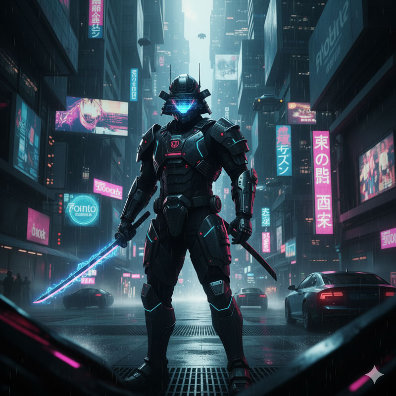 フォトリアリスティックを追加したGeminiによる「未来的な侍」
