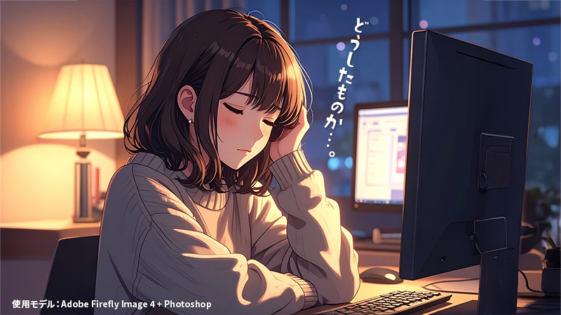 モニターの前で悩んでいる女性